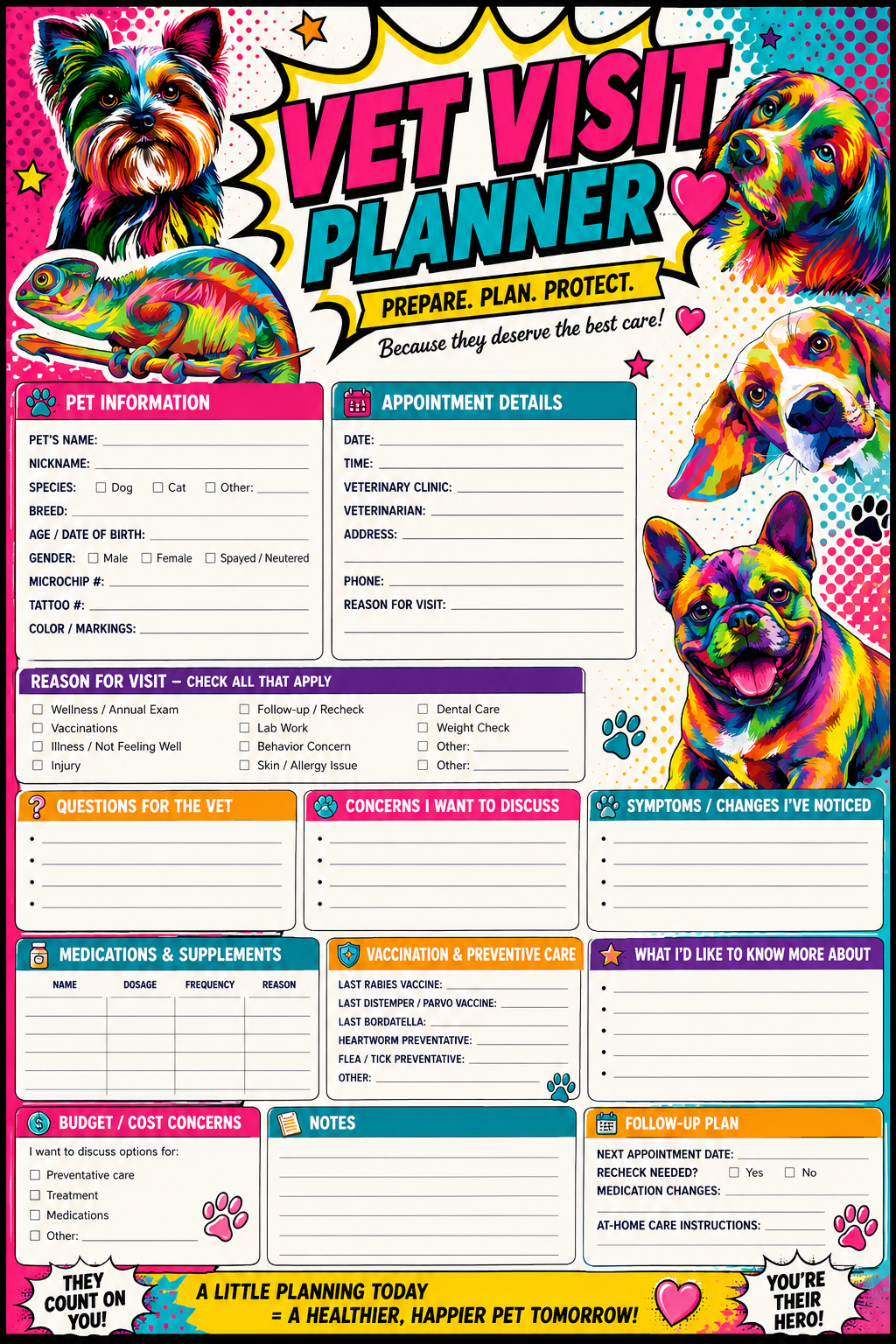 Vet Visit Planner printable one-page sheet preview
