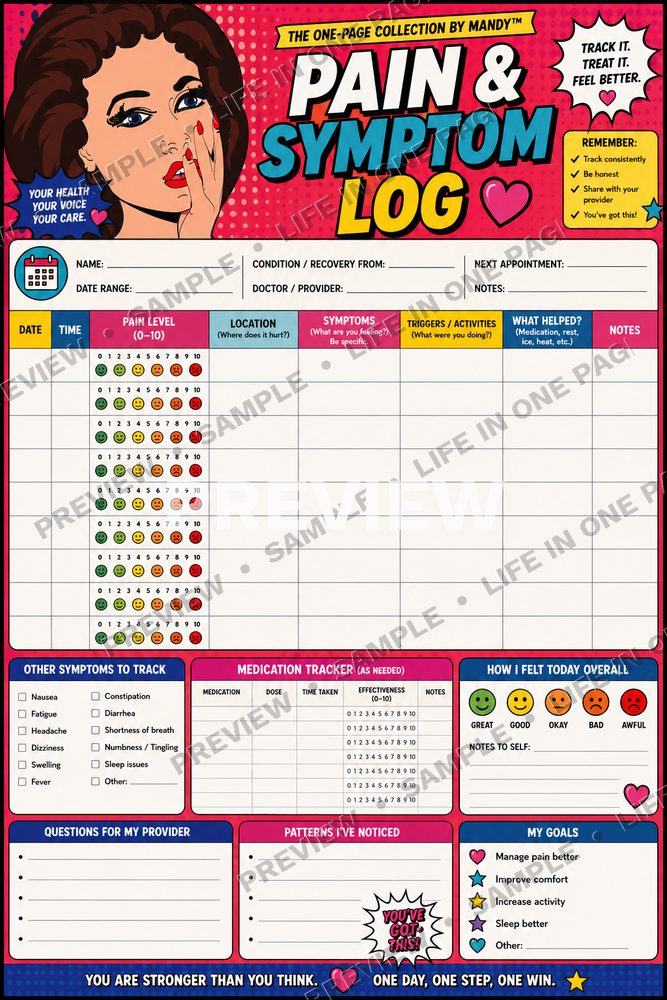 Pain & Symptom Log printable one-page sheet preview