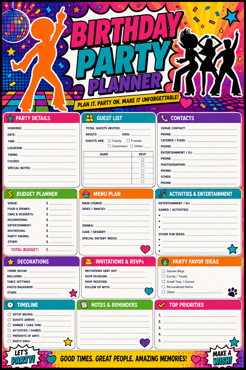 Birthday Party Planner printable one-page sheet preview