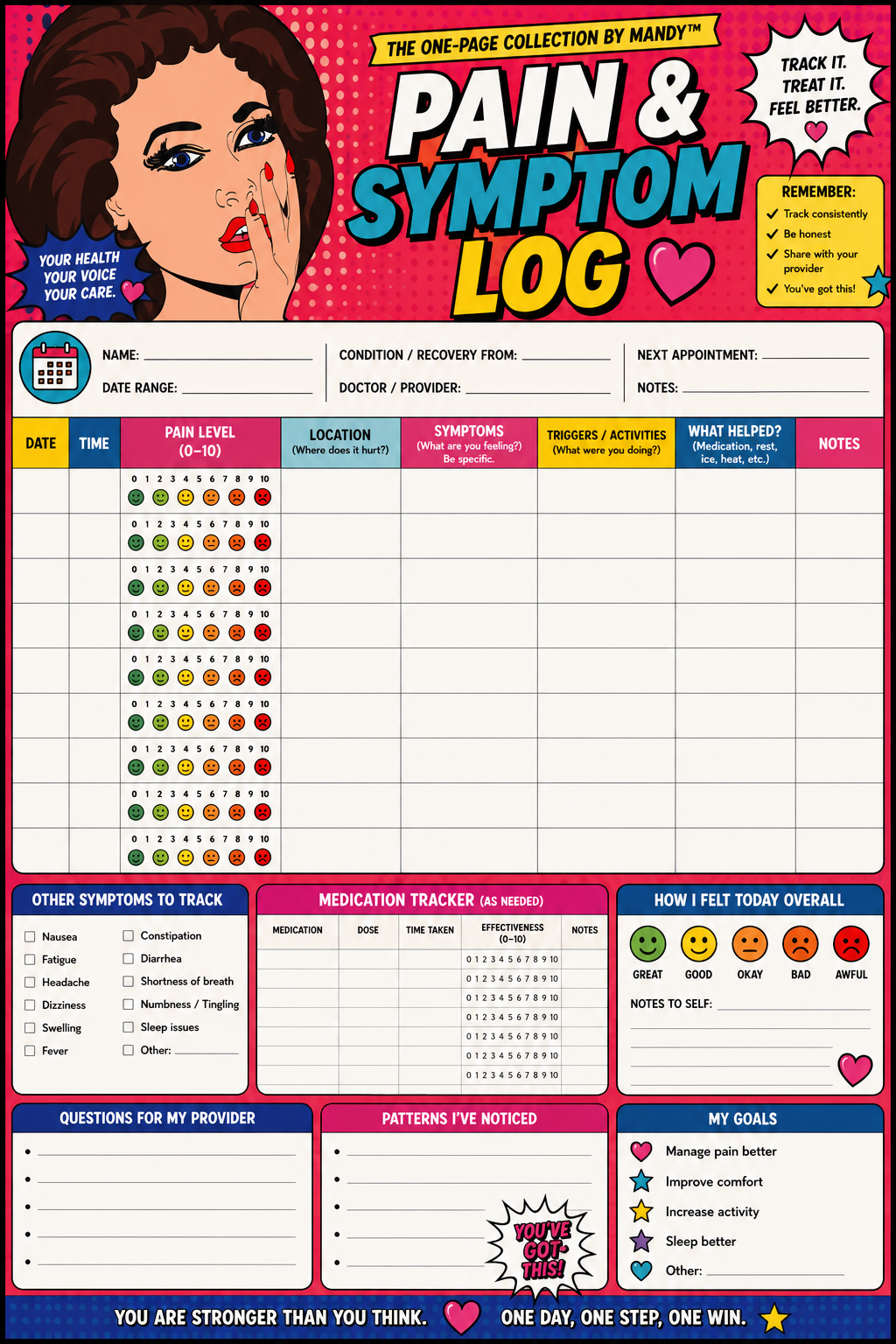 Pain & Symptom Log printable one-page sheet preview