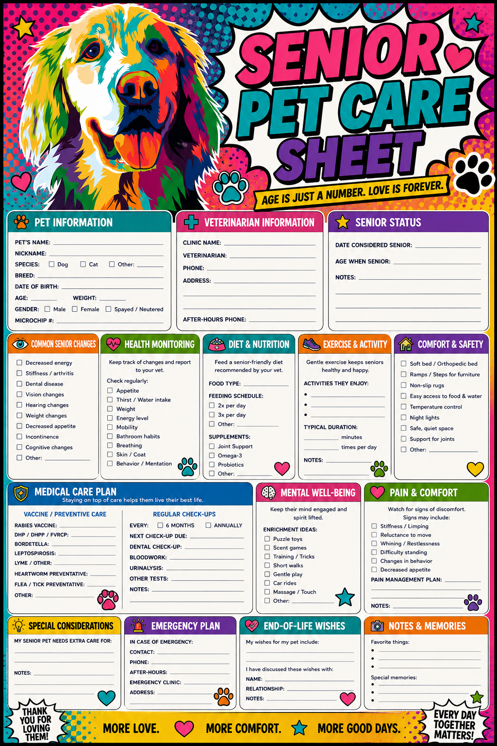 Senior Pet Care Sheet printable one-page sheet preview