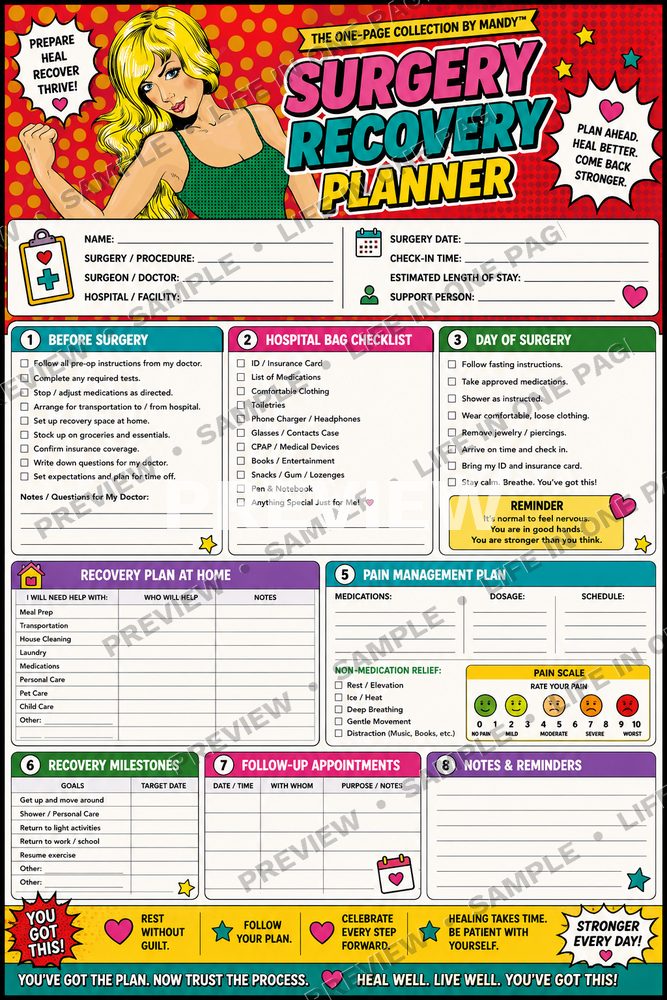 Surgery Recovery Planner printable one-page sheet preview