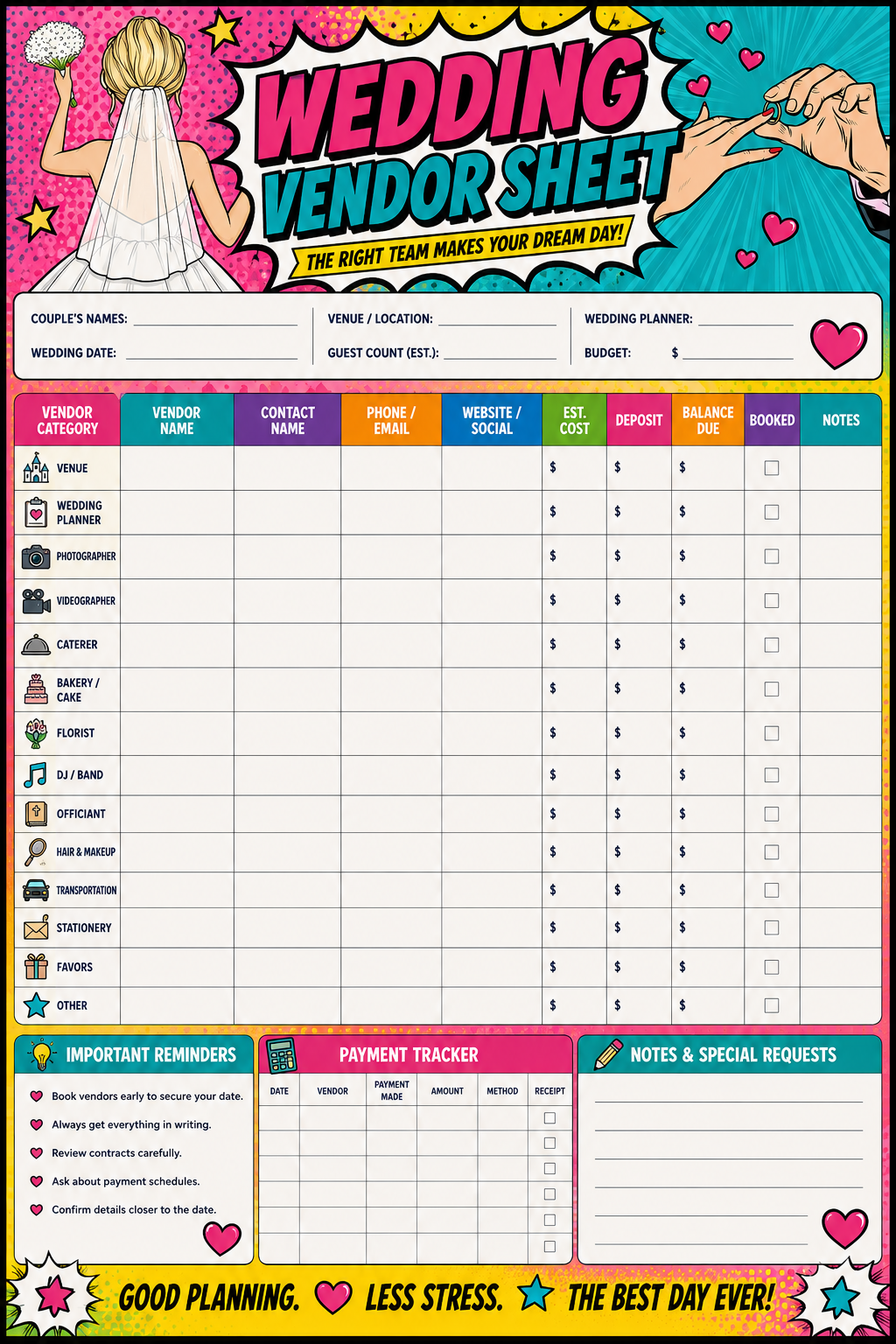 Wedding Vendor Sheet printable one-page sheet preview