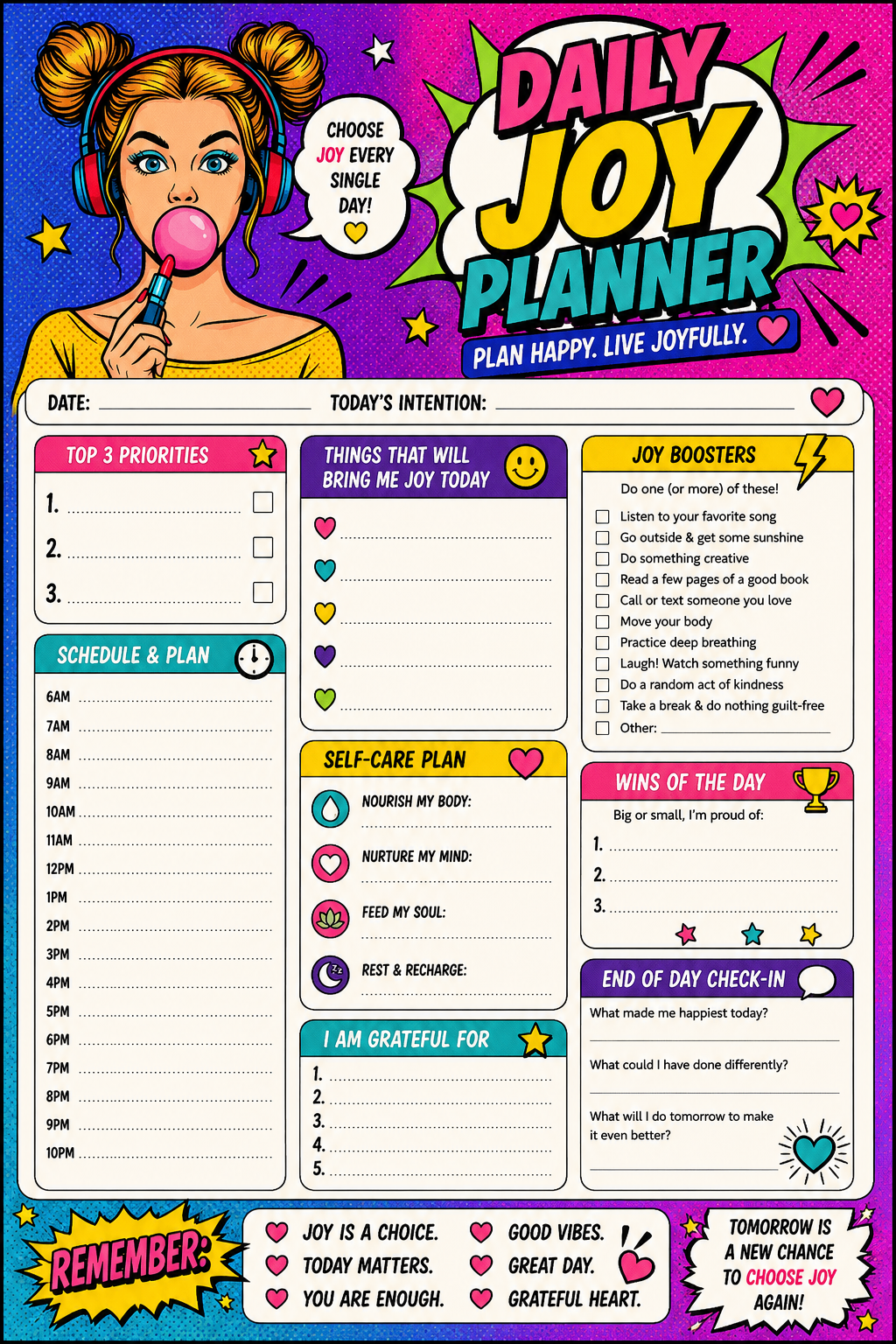 Daily Joy Planner printable one-page sheet preview