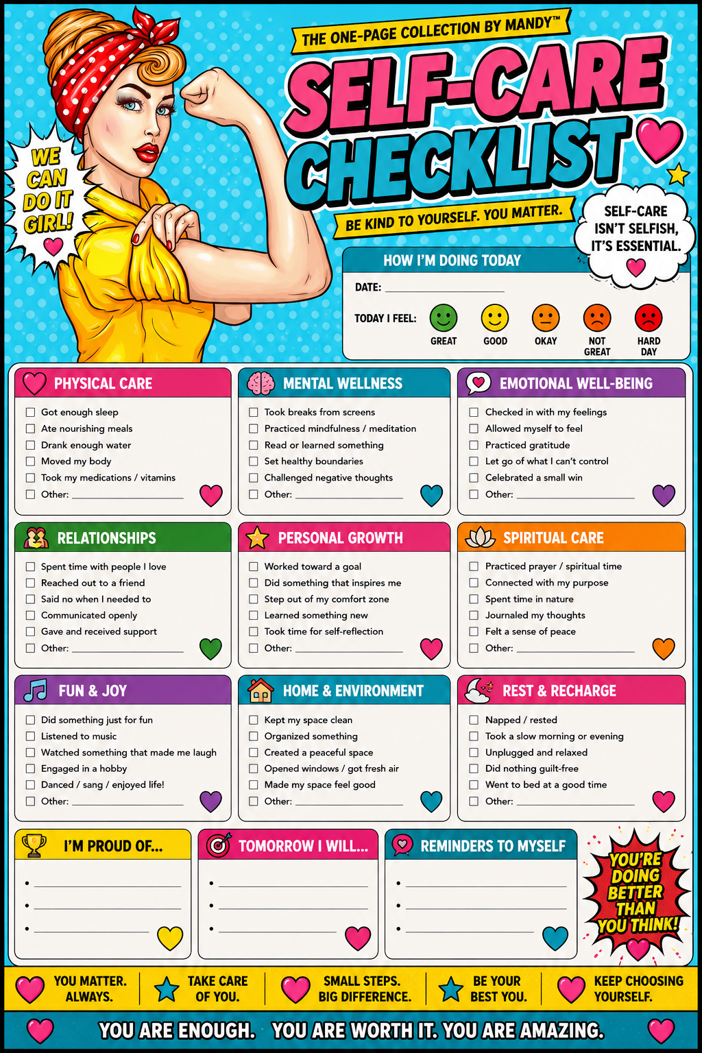 Self-Care Checklist printable one-page Health & Wellness sheet preview