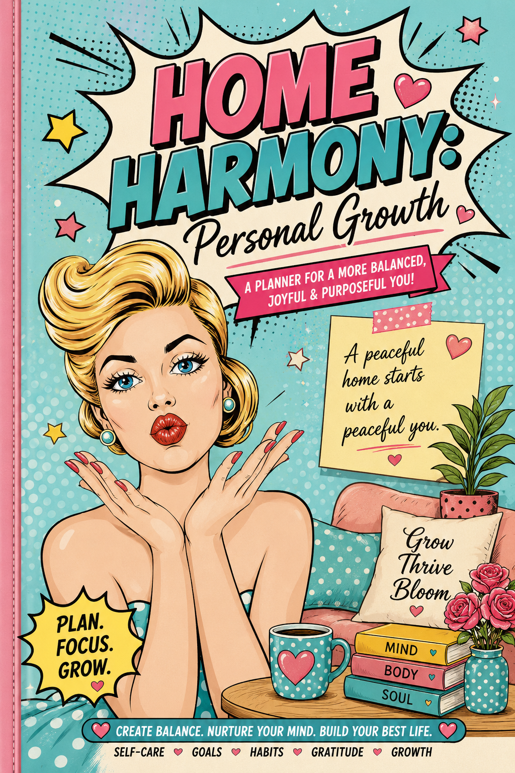 Personal Growth collection cover: pop-art printable goal and habit tracker pages in turquoise and pink