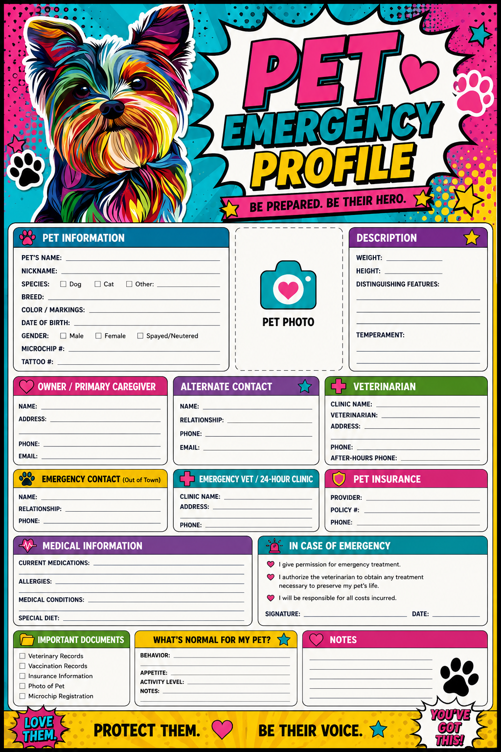 Pet Emergency Profile printable one-page sheet preview