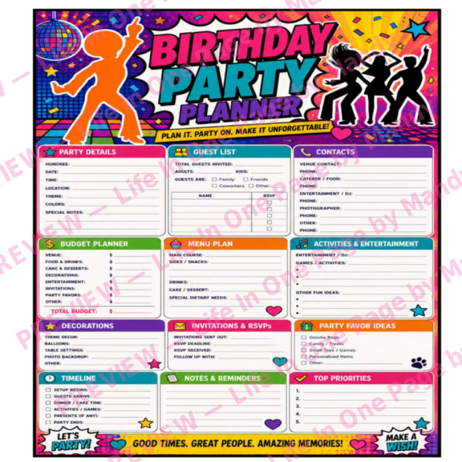 Events Planner — The One-Page Collection — watermarked preview of printable page 2