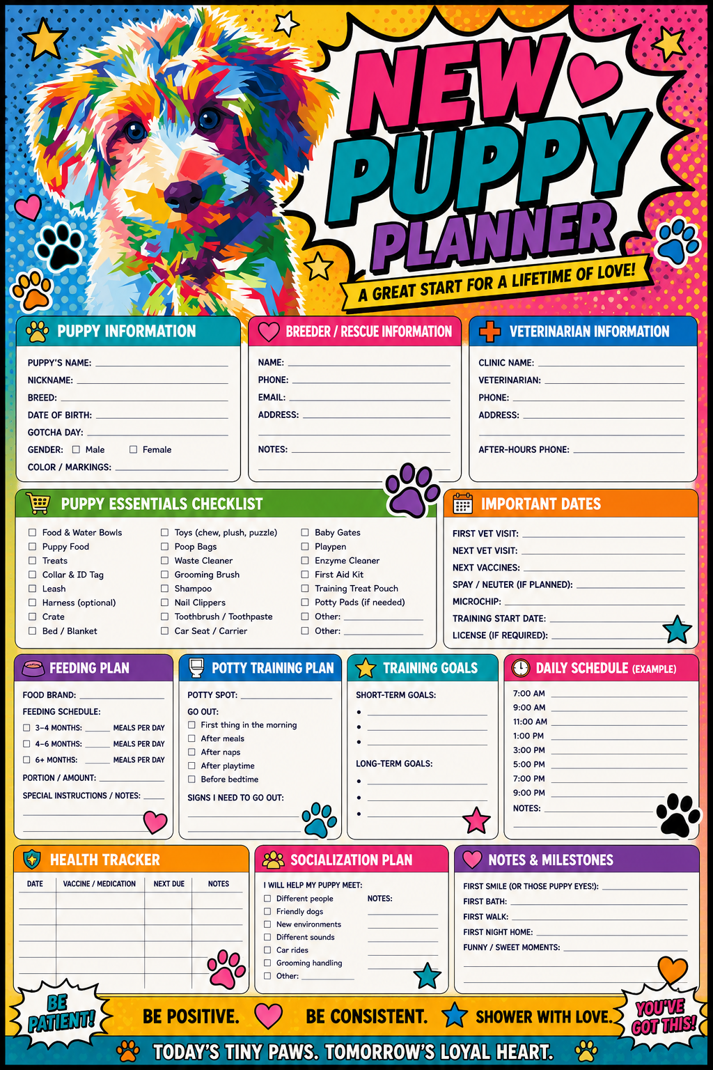 New Puppy Planner printable one-page sheet preview