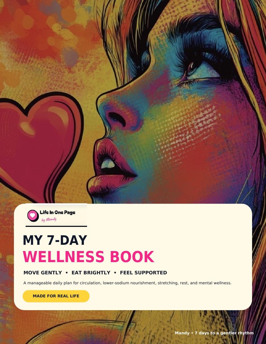 Colorful pop-art cover for My 7-Day Wellness Book by Life In One Page by Mandy