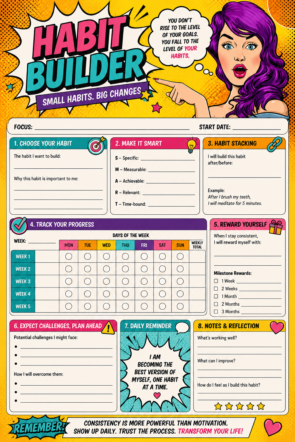 Habit Builder printable one-page sheet preview