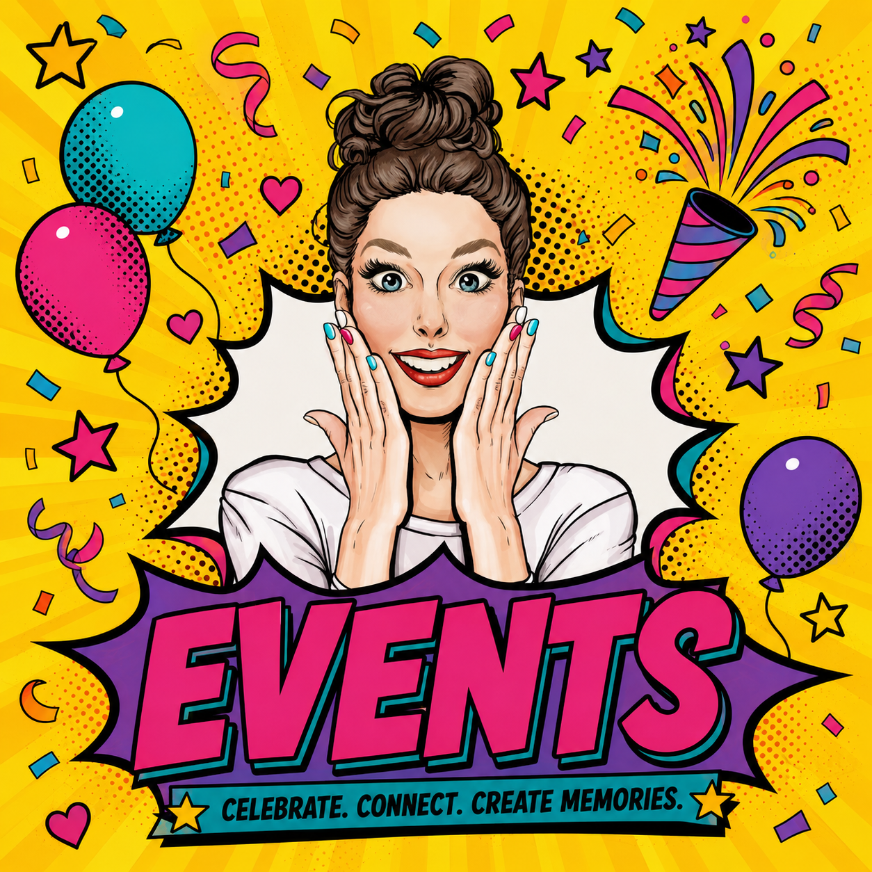 Events collection cover: pop-art printable party planning pages in purple and turquoise