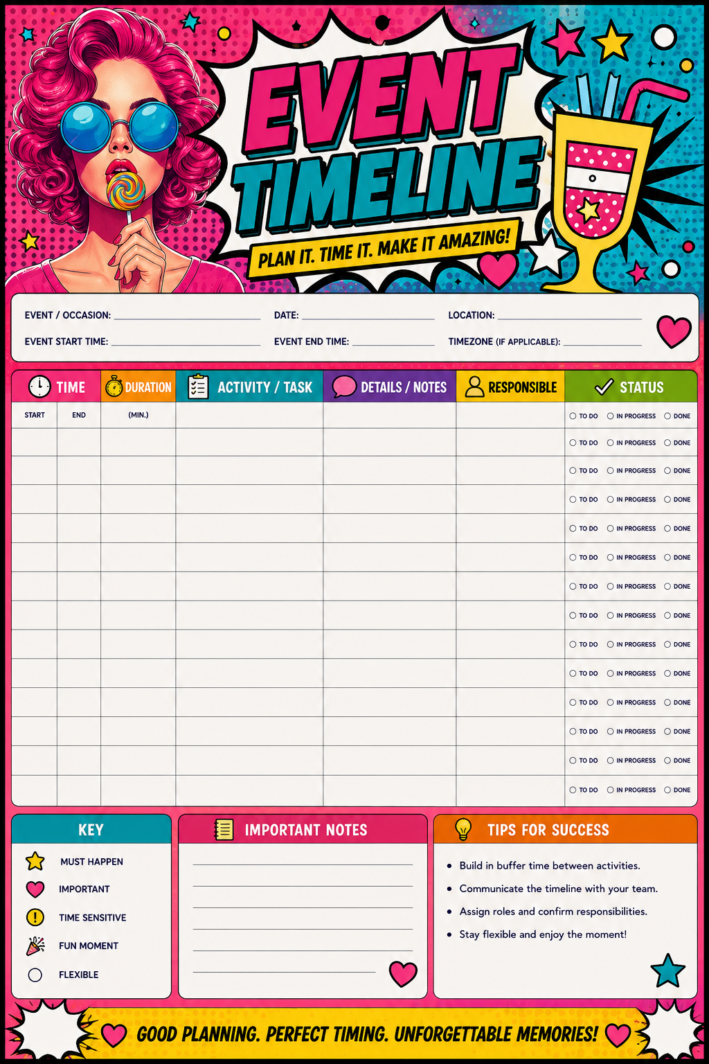 Event Timeline printable one-page sheet preview