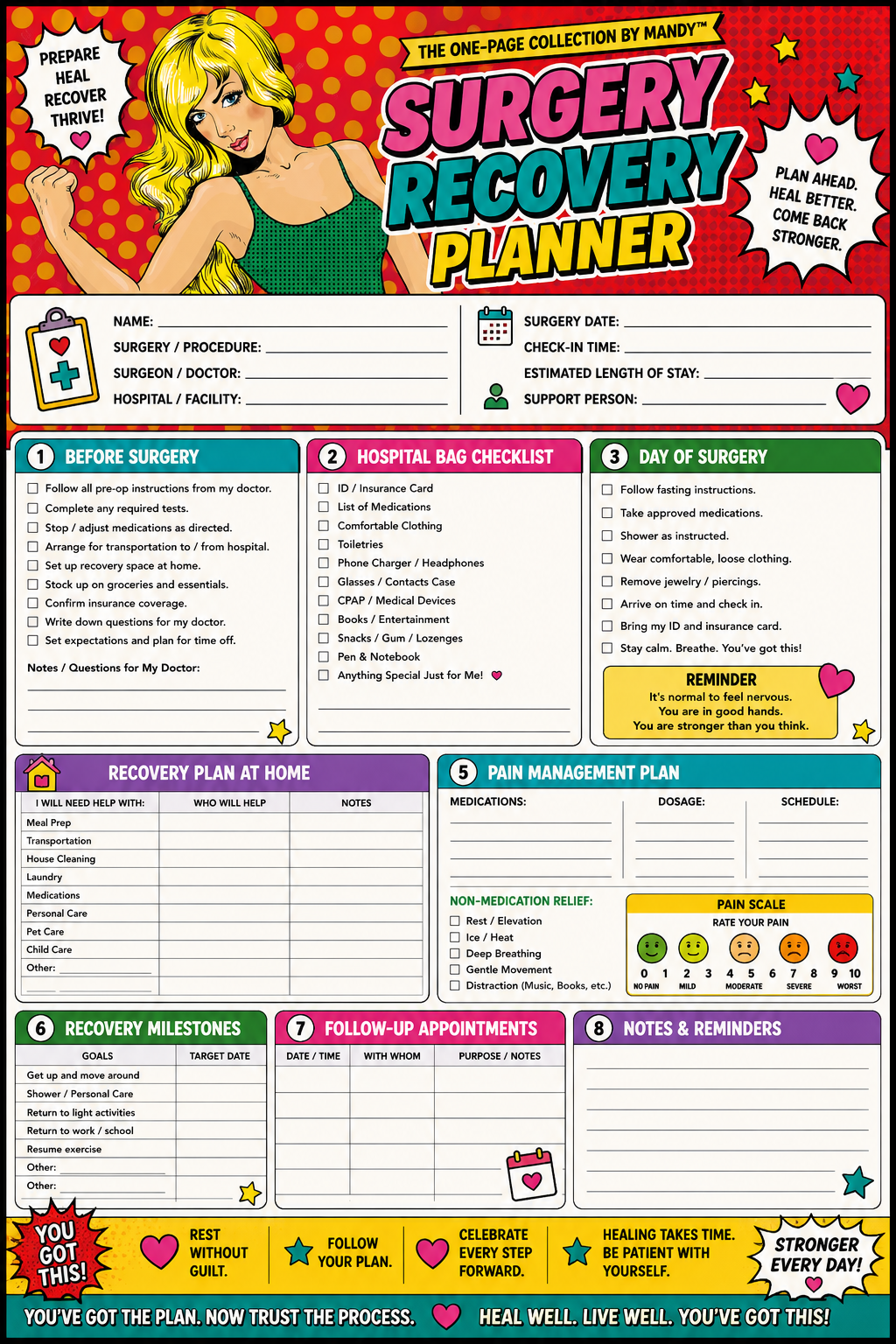 Surgery Recovery Planner printable one-page sheet preview