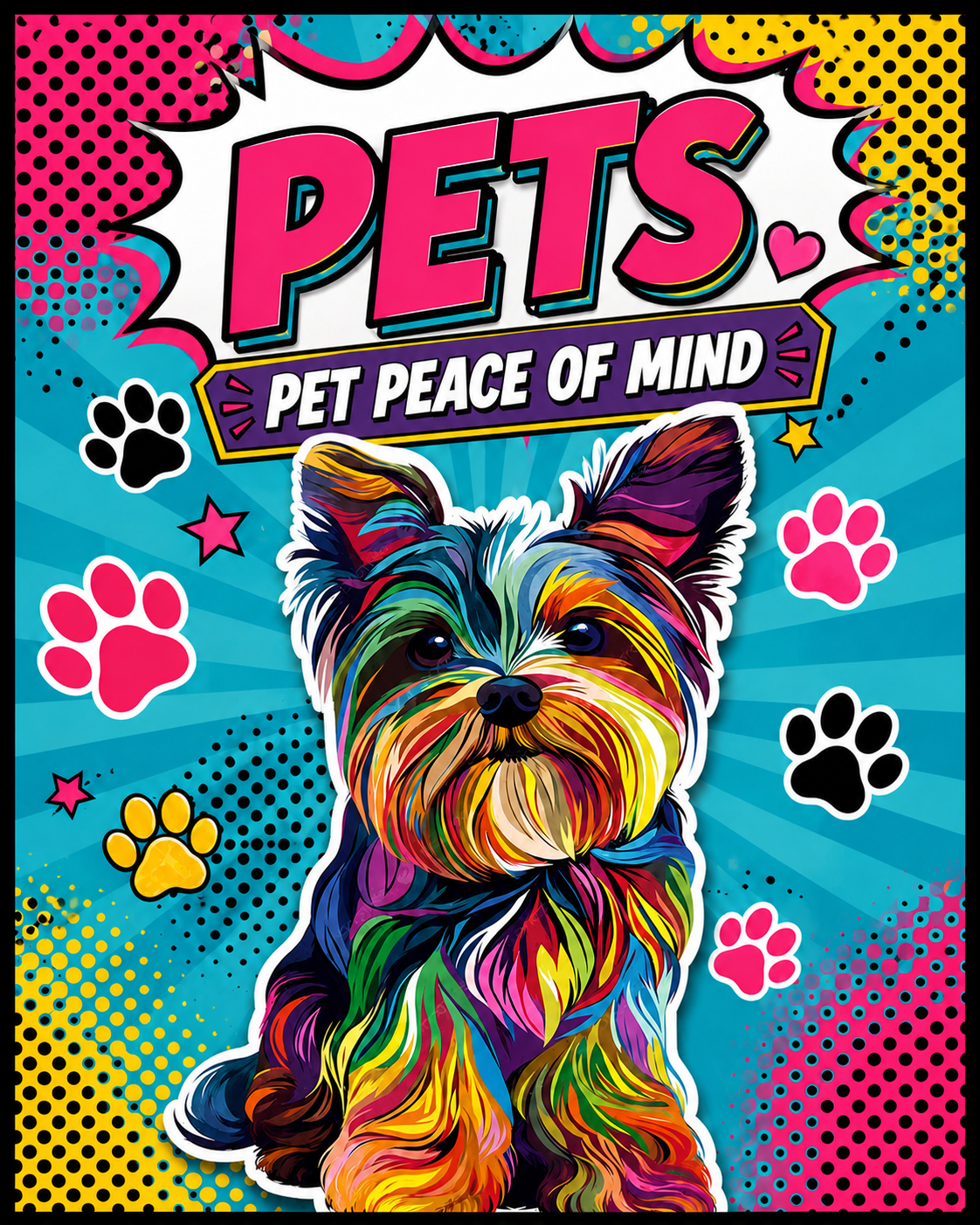 Pet Peace of Mind collection cover: pop-art printable pet care planner pages in yellow and purple