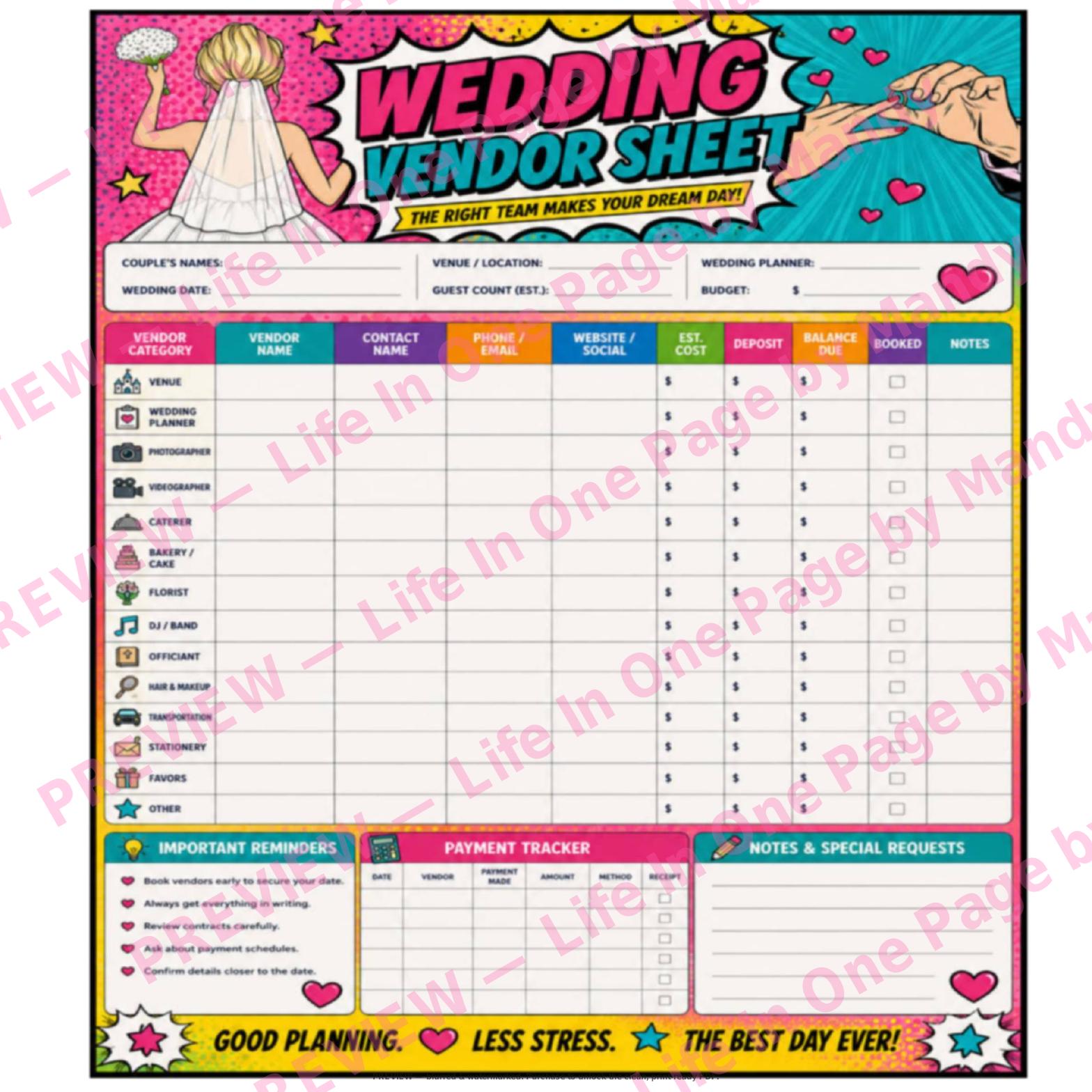 Events Planner — The One-Page Collection — watermarked preview of printable page 3