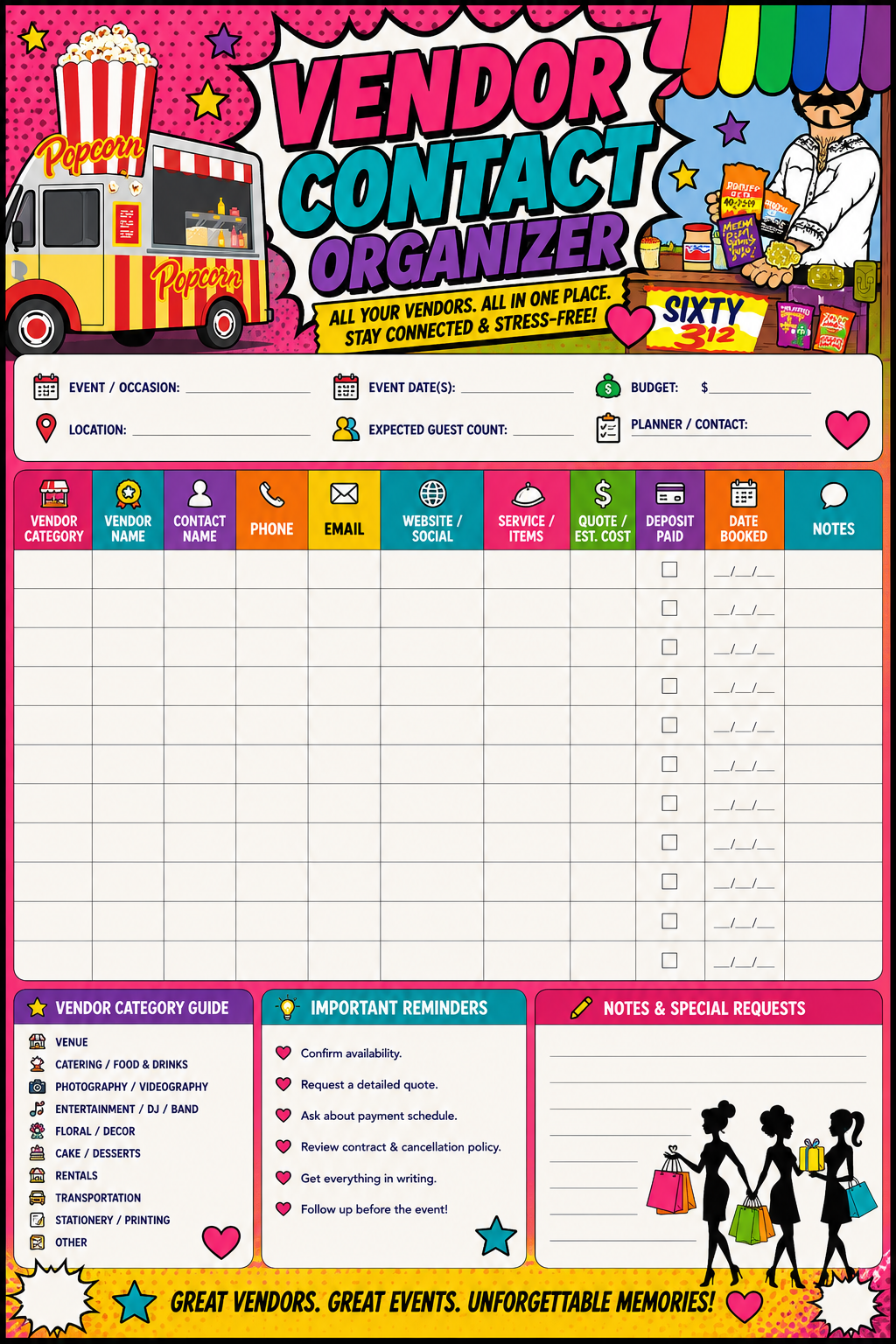 Vendor Contact Organizer printable one-page sheet preview